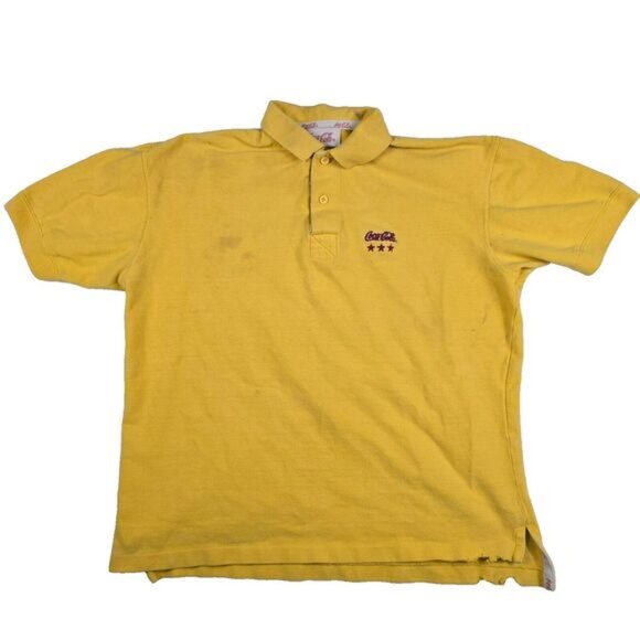 Vintage Coca-Cola Polo Shirt Men's Medium Yellow‎ Embroidered Logo 80s Flaws - Picture 1 of 9